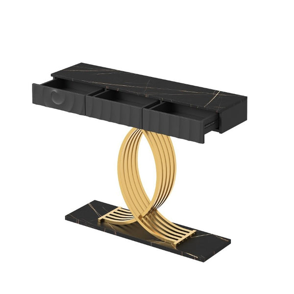 English Elm 47.3 Inch Slim Console Table Three Drawers Gold Geometric Base Glam Hallway Accent Black+Gold W2263P505438