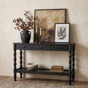 English Elm 47.2 Inch Solid Wood Console Table 3 Drawer Entryway Piece with Carved Vintage Legs W2263P510696
