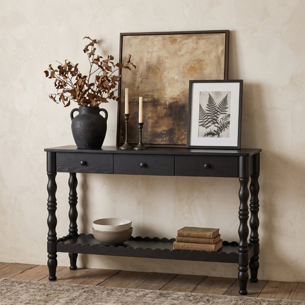 English Elm 47.2 Inch Solid Wood Console Table 3 Drawer Entryway Piece with Carved Vintage Legs W2263P510696