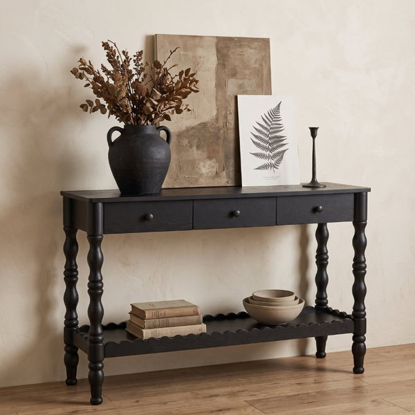 English Elm 47.2 Inch Solid Wood Console Table 3 Drawer Entryway Piece with Carved Vintage Legs W2263P510696