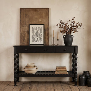 English Elm 47.2 Inch Solid Wood Console Table 3 Drawer Entryway Piece with Carved Vintage Legs W2263P510696