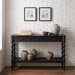 English Elm 47.2 Inch Solid Wood Console Table 3 Drawer Entryway Piece with Carved Vintage Legs W2263P510696