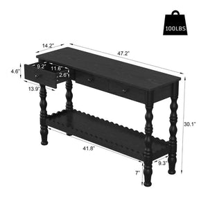 English Elm 47.2 Inch Solid Wood Console Table 3 Drawer Entryway Piece with Carved Vintage Legs W2263P510696