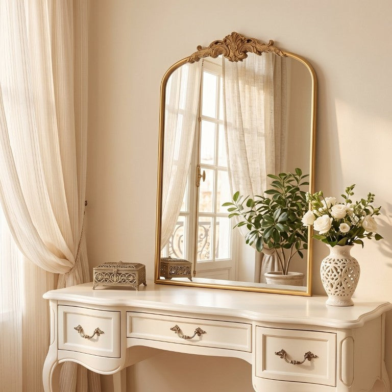 English Elm 24''X36 Ornate Arched Wall Mirror Baroque Scrollwork Carved Resin Frame Bedroom Decor Antique Gold W2263P530384