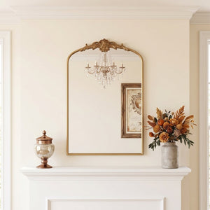 English Elm 24''X36 Ornate Arched Wall Mirror Baroque Scrollwork Carved Resin Frame Bedroom Decor Antique Gold W2263P530384