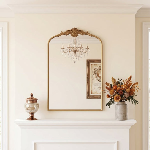English Elm 24''X36 Ornate Arched Wall Mirror Baroque Scrollwork Carved Resin Frame Bedroom Decor Antique Gold W2263P530384