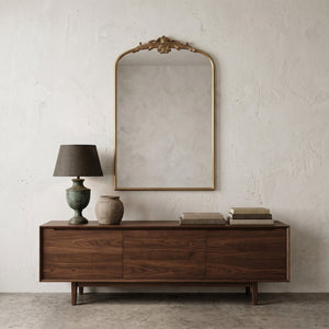 English Elm 24''X36 Ornate Arched Wall Mirror Baroque Scrollwork Carved Resin Frame Bedroom Decor Antique Gold W2263P530384