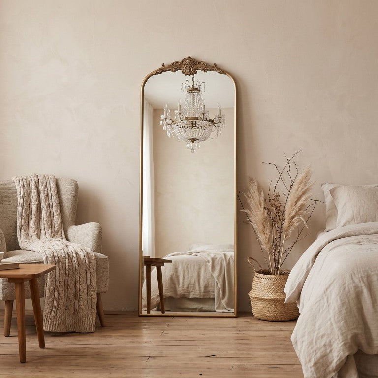 English Elm Vintage Arched Full Length Mirror Ornate Champagne Gold Rococo Frame Bedroom Decor W2263P530389