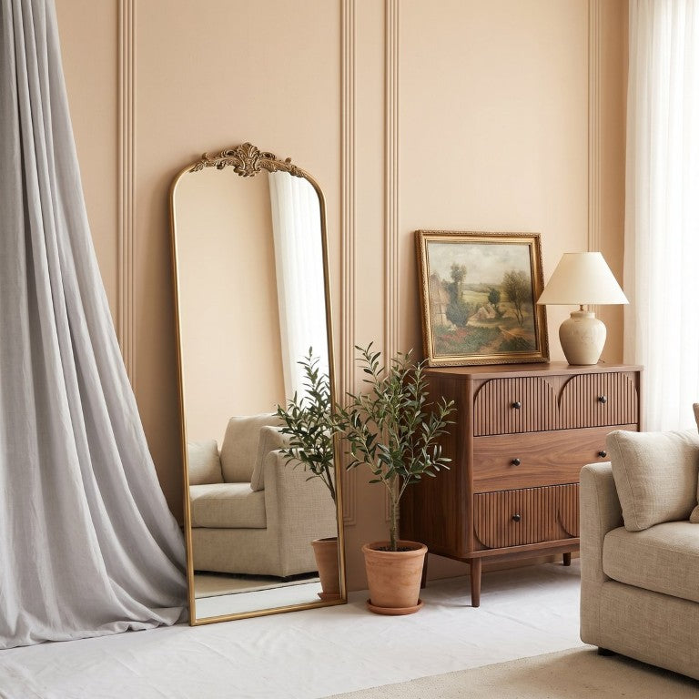 English Elm Vintage Arched Full Length Mirror Ornate Champagne Gold Rococo Frame Bedroom Decor W2263P530389