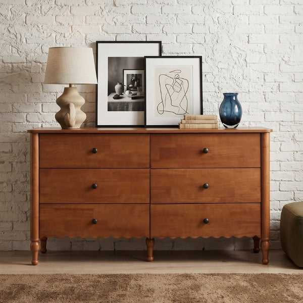 English Elm 55 Inch Oak Veneer Six Drawer Dresser with Tapered Legs and Wave Apron Molding W2263P531247