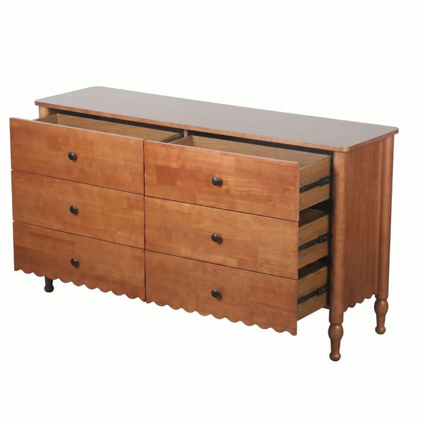 English Elm 55 Inch Oak Veneer Six Drawer Dresser with Tapered Legs and Wave Apron Molding W2263P531247