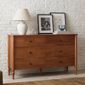 English Elm 55 Inch Oak Veneer Six Drawer Dresser with Tapered Legs and Wave Apron Molding W2263P531247