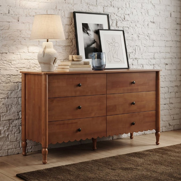 English Elm 55 Inch Oak Veneer Six Drawer Dresser with Tapered Legs and Wave Apron Molding W2263P531247