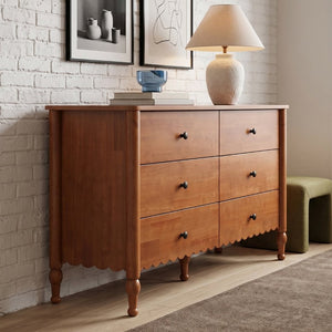 English Elm 55 Inch Oak Veneer Six Drawer Dresser with Tapered Legs and Wave Apron Molding W2263P531247
