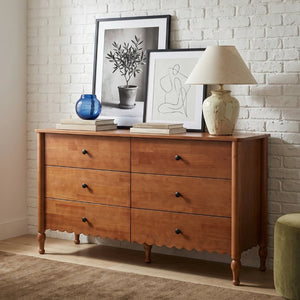 English Elm 55 Inch Oak Veneer Six Drawer Dresser with Tapered Legs and Wave Apron Molding W2263P531247