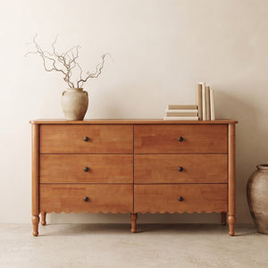 English Elm 55 Inch Oak Veneer Six Drawer Dresser with Tapered Legs and Wave Apron Molding W2263P531247