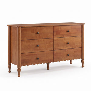 English Elm 55 Inch Oak Veneer Six Drawer Dresser with Tapered Legs and Wave Apron Molding W2263P531247