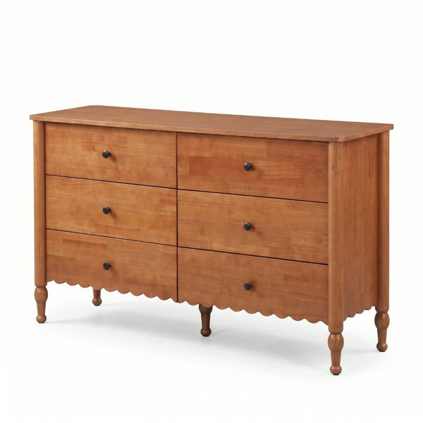English Elm 55 Inch Oak Veneer Six Drawer Dresser with Tapered Legs and Wave Apron Molding W2263P531247