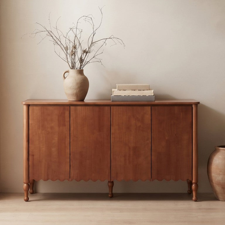 English Elm 59 Inch Farmhouse Oak Veneer Sideboard with Wave Molding Four Doors and Solid Legs W2263P531251