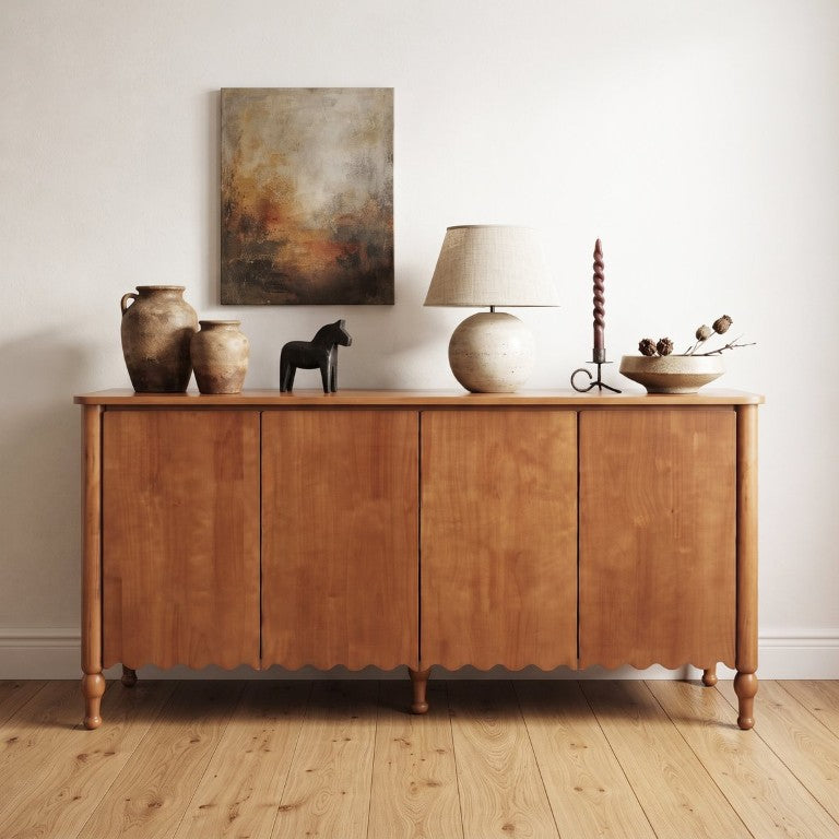 English Elm 59 Inch Farmhouse Oak Veneer Sideboard with Wave Molding Four Doors and Solid Legs W2263P531251