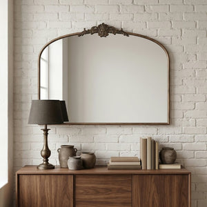 English Elm 40''X30 Baroque Arched Wall Mirror Ornate Scrollwork Antique Black Gold Frame Decor W2263P531295