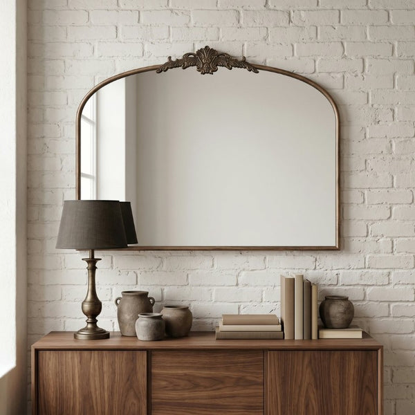 English Elm 40''X30 Baroque Arched Wall Mirror Ornate Scrollwork Antique Black Gold Frame Decor W2263P531295