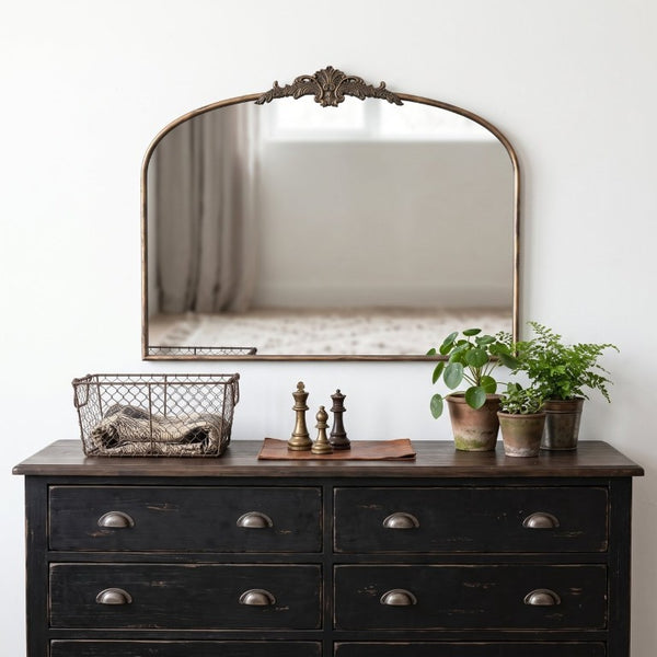 English Elm 40''X30 Baroque Arched Wall Mirror Ornate Scrollwork Antique Black Gold Frame Decor W2263P531295