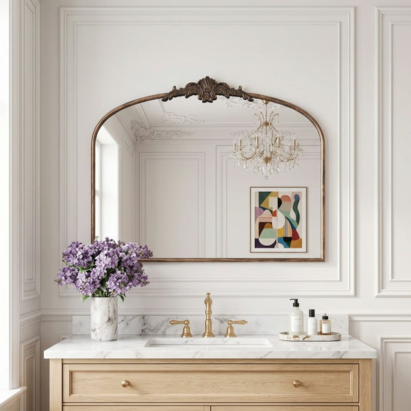 English Elm 40''X30 Baroque Arched Wall Mirror Ornate Scrollwork Antique Black Gold Frame Decor W2263P531295