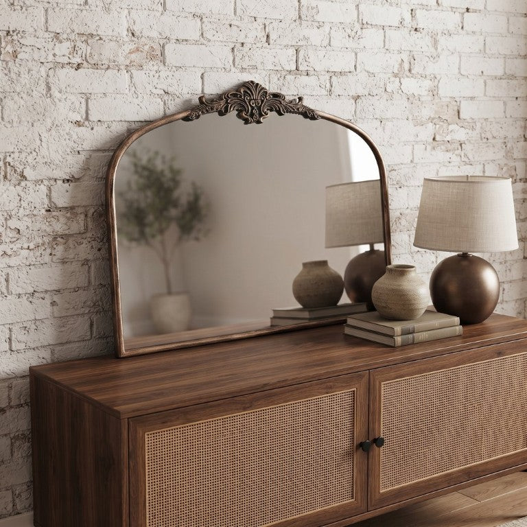 English Elm 32''X24.4 Baroque Arched Wall Mirror Ornate Scrollwork Antique Black Gold Finish W2263P531297