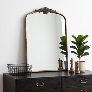 English Elm 24''X36 Ornate Arched Wall Mirror Baroque Scrollwork Carved Resin Frame Bedroom Decor Black+Gold W2263P531300