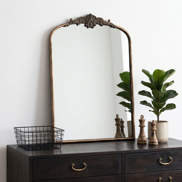 English Elm 24''X36 Ornate Arched Wall Mirror Baroque Scrollwork Carved Resin Frame Bedroom Decor Black+Gold W2263P531300