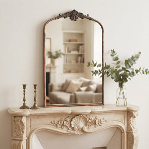 English Elm 24''X36 Ornate Arched Wall Mirror Baroque Scrollwork Carved Resin Frame Bedroom Decor Black+Gold W2263P531300