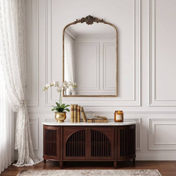 English Elm 24''X36 Ornate Arched Wall Mirror Baroque Scrollwork Carved Resin Frame Bedroom Decor Black+Gold W2263P531300
