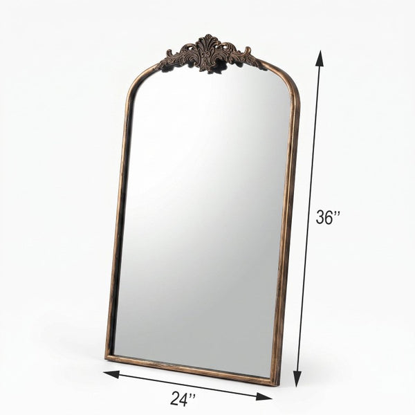 English Elm 24''X36 Ornate Arched Wall Mirror Baroque Scrollwork Carved Resin Frame Bedroom Decor Black+Gold W2263P531300