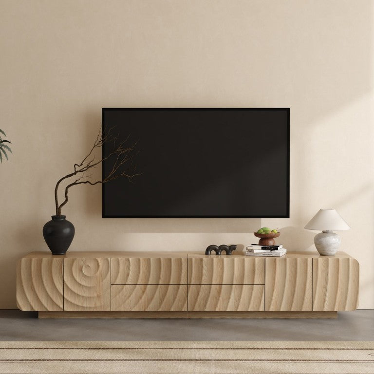 English Elm 86 Inch Spiral Wave Media Console with 4 Drawers Floating Base Mid-Century TV Stand Natural W2263P535566