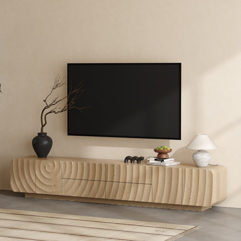English Elm 86 Inch Spiral Wave Media Console with 4 Drawers Floating Base Mid-Century TV Stand Natural W2263P535566