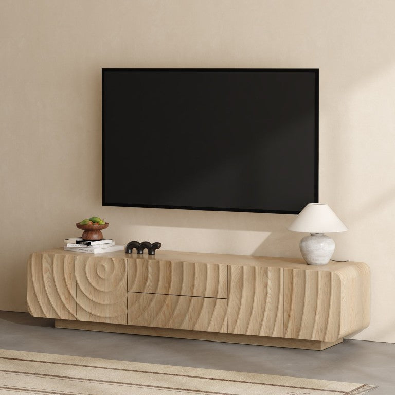 English Elm 70 Inch Spiral Wave Media Console with Floating Base and Four Door Storage Cabinet W2263P535568