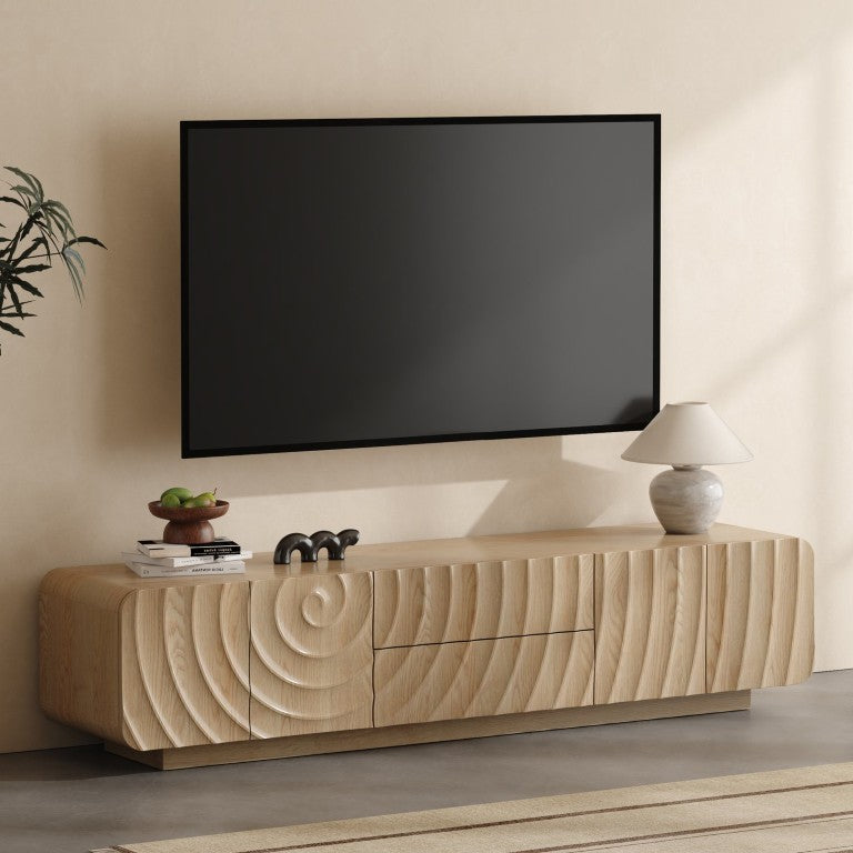 English Elm 70 Inch Spiral Wave Media Console with Floating Base and Four Door Storage Cabinet W2263P535568
