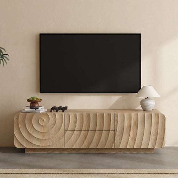 English Elm 58''Tv Console Spiral Wave Relief Cabinet with 2 Drawers Mid-Century Natural Finish W2263P535569