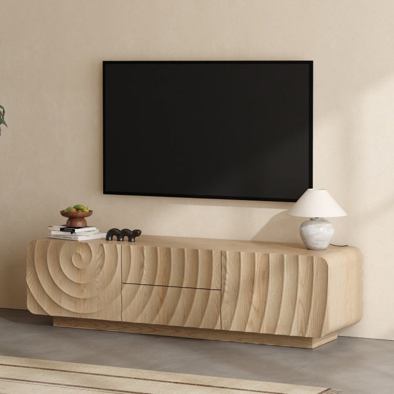 English Elm 58''Tv Console Spiral Wave Relief Cabinet with 2 Drawers Mid-Century Natural Finish W2263P535569