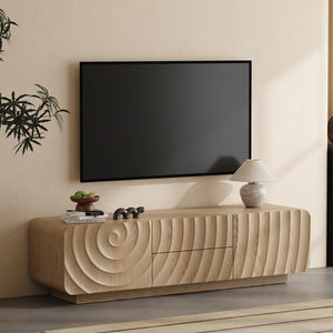 English Elm 58''Tv Console Spiral Wave Relief Cabinet with 2 Drawers Mid-Century Natural Finish W2263P535569