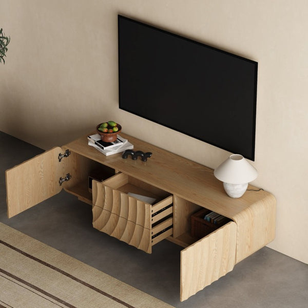 English Elm 58''Tv Console Spiral Wave Relief Cabinet with 2 Drawers Mid-Century Natural Finish W2263P535569