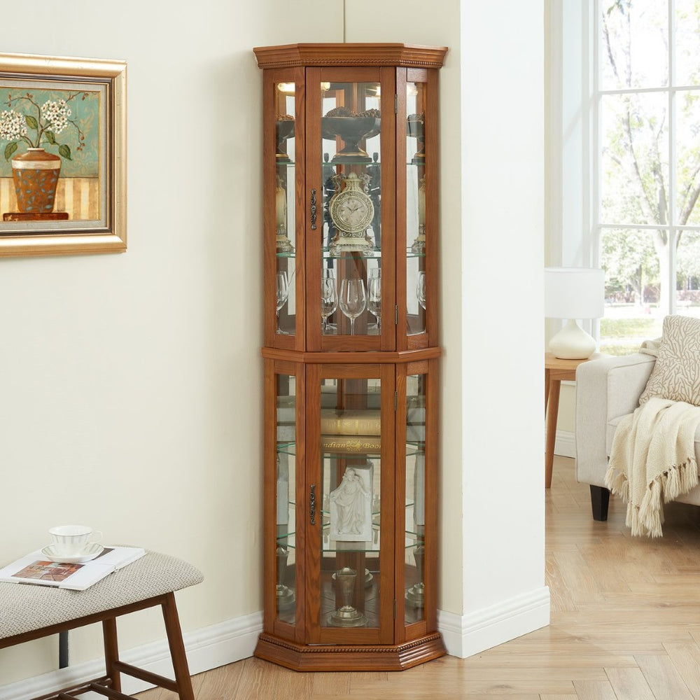 English Elm Corner Curio Cabinet Oak Finish Lighted Glass Shelves Mirrored Back Elegant Display W2275P177190