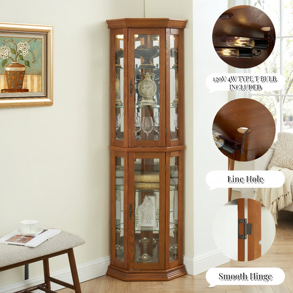 English Elm Corner Curio Cabinet Oak Finish Lighted Glass Shelves Mirrored Back Elegant Display W2275P177190