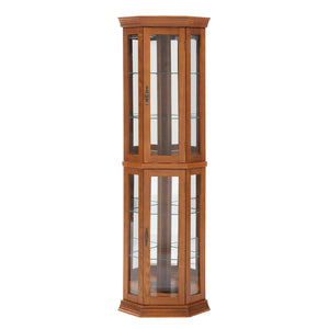 English Elm Corner Curio Cabinet Oak Finish Lighted Glass Shelves Mirrored Back Elegant Display W2275P177190