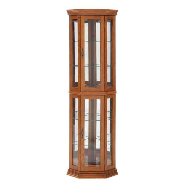 English Elm Corner Curio Cabinet Oak Finish Lighted Glass Shelves Mirrored Back Elegant Display W2275P177190