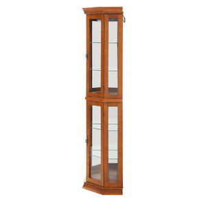 English Elm Corner Curio Cabinet Oak Finish Lighted Glass Shelves Mirrored Back Elegant Display W2275P177190