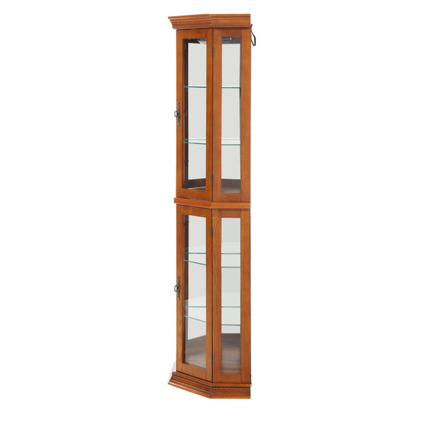 English Elm Corner Curio Cabinet Oak Finish Lighted Glass Shelves Mirrored Back Elegant Display W2275P177190
