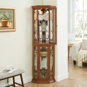English Elm Corner Curio Cabinet Oak Finish Lighted Glass Shelves Mirrored Back Elegant Display W2275P177190