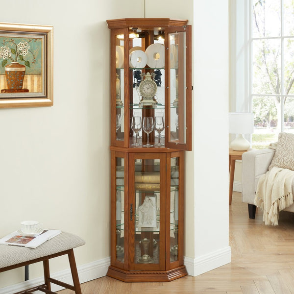 English Elm Corner Curio Cabinet Oak Finish Lighted Glass Shelves Mirrored Back Elegant Display W2275P177190